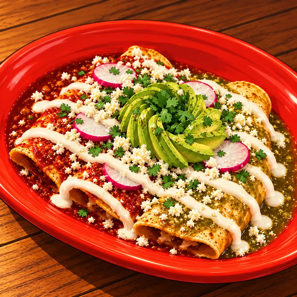 Comic illustration of enchiladas with avocado and crema