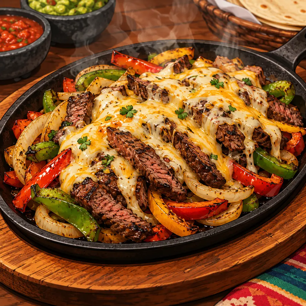 Comic illustration of sizzling fajitas with melted cheese